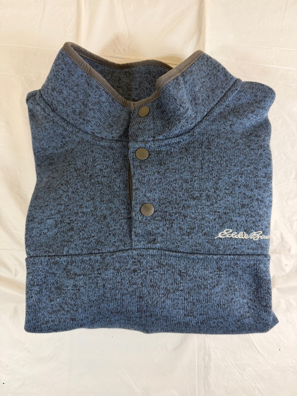 Eddie Bauer Men's Heathered Blue Zip-Snap Front Stand Collar Sweater